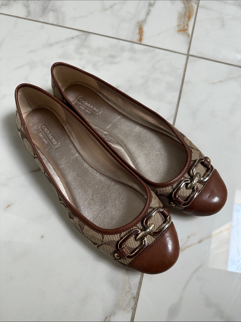 Coach Tan & Brown Signature Canvas Leather Ballet Flats with Gold Hardware